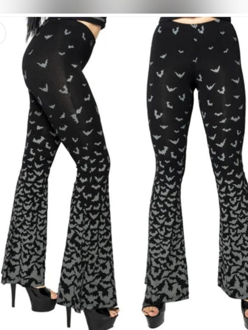 Black & Gray Bat Print Flared Pants